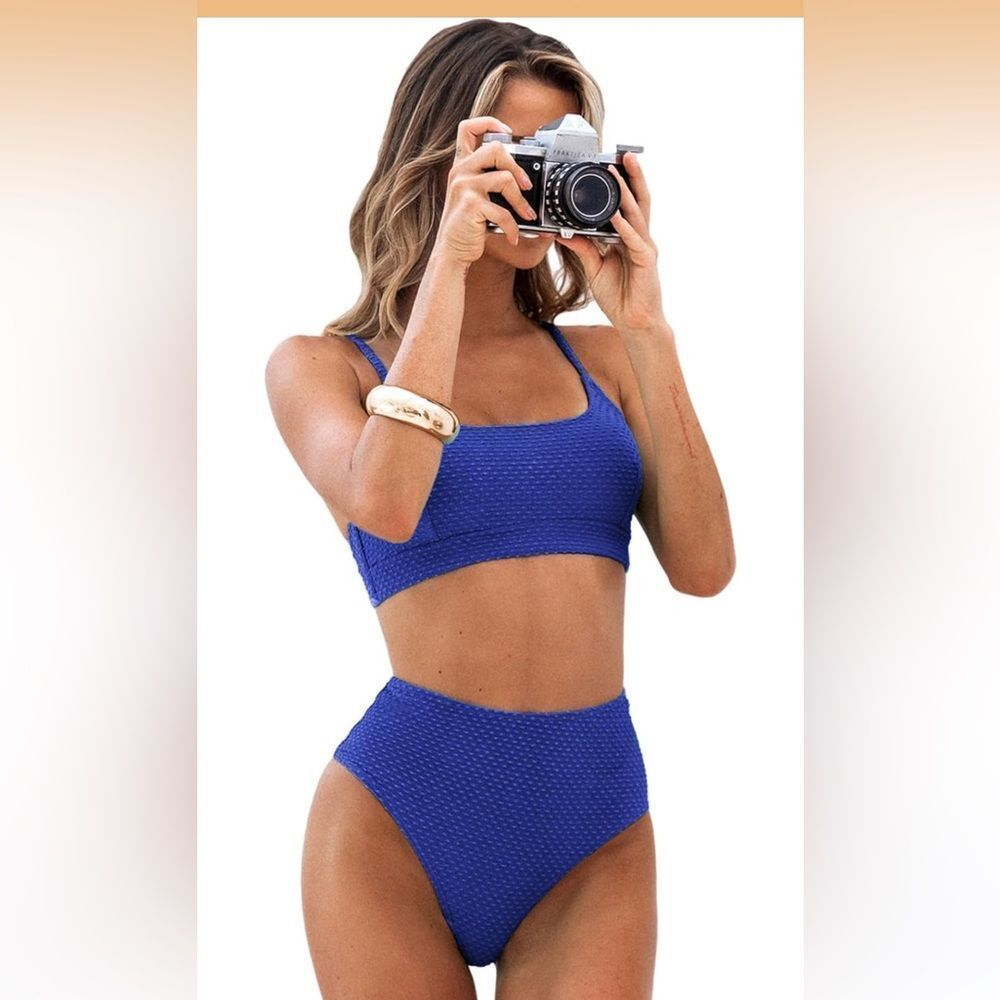 NWT LRG CUPSHE Women's Bikini Set High Waisted Ribbed Texture Widen Trim